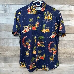 Free‎ Planet Mens Navy Tropical Santa Claus Hawaiian Button Up Shirt Size Medium